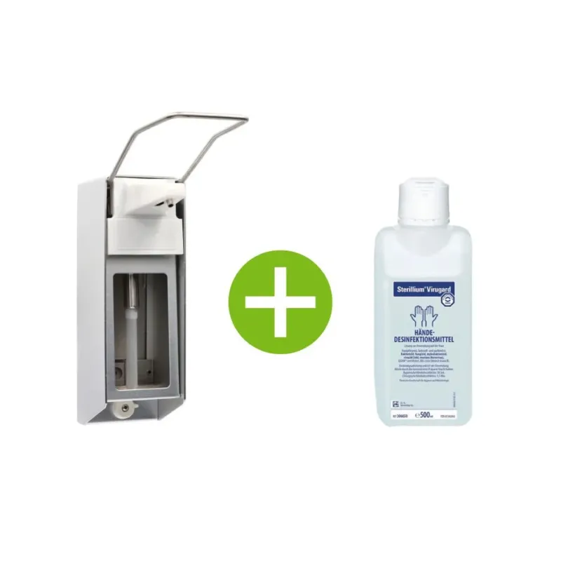 Medi-Inn Wandspender Aluminium, Langarmhebel, mit Verschlussblende, 500 ml + Bode Sterillium Virugard 500 ml