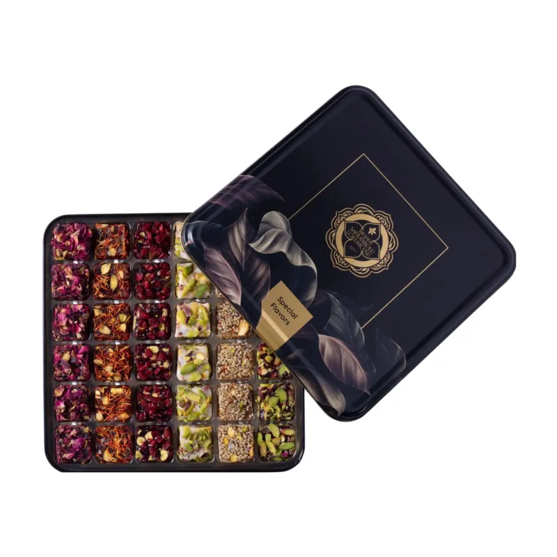 Mixed Wick Turkish Delight Metal Box – Pistachio Assortment with Rose, Grape, Safflower, Sesame and Coconut – 600g (21.16 oz) - Exporgin - Global Shopping Site