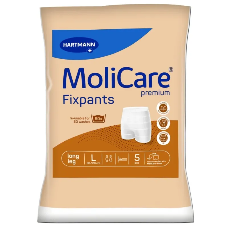 Bild eines Produktpakets mit MoliCare Premium Fixpants in Größe L. Das Paket enthält fünf Fixhosen, die für die Inkontinenzversorgung konzipiert sind. Die Fixpants sind in einer transparenten Verpackung zu sehen, die mit einem bunten Etikett versehen ist, auf dem die Marke und die Produktdetails deutlich hervorgehoben sind. Der Hintergrund ist neutral gehalten, um die Sichtbarkeit des Produkts zu verbessern. Die Fixpants sind für hohen Tragekomfort und Sicherheit gedacht.