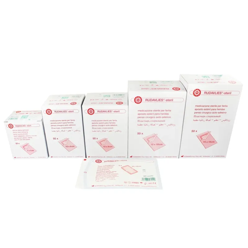 Bild eines Pakets mit Noba Rudavlies Steri Verbandpflaster, das 50 Stück enthält. Die Verpackung zeigt eine klare Abbildung des Inhalts mit einem weißen Hintergrund, auf dem das Produkt in verschiedenen Größen und Anwendungsbeispielen dargestellt ist. Das Design ist modern und ansprechend, mit dem Noba-Logo gut sichtbar oben. Die Pflaster sind dazu gedacht, Wunden hygienisch zu versorgen und sind für den einmaligen Gebrauch geeignet. Das Bild vermittelt Qualität und trägt zur Vertrauensbildung bei.