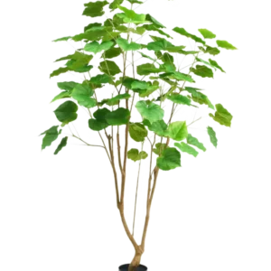 Die Kunstpflanze Ficus 180 cm ist eine hohe Zimmerpflanze in einem Topf mit mehreren schlanken braunen Stielen und großen grünen Blättern, dargestellt vor einem schlichten weißen Hintergrund.