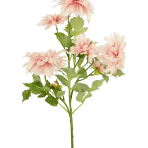 Die künstliche Blumen-Dahlie 68 cm rosa hat einen einzelnen grünen Stiel mit mehreren hellrosa Dahlienblüten und grünen Blättern vor einem schlichten weißen Hintergrund.