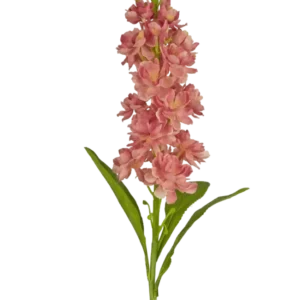 Die Kunstblume Violier 78 cm rosa ist eine künstliche rosafarbene Stockblume mit mehreren Blüten und grünen Blättern, die vor einem weißen Hintergrund präsentiert wird.