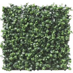 Die künstliche Hecke Eukalyptus 50x50 cm UV ist eine quadratische Platte mit dichten, kleinen, runden künstlichen Eukalyptusblättern, dicht gepackt für ein lebendiges und natürliches Aussehen, perfekt für die Gestaltung üppiger vertikaler Gärten oder dekorativer Wände im Innen- und Außenbereich.