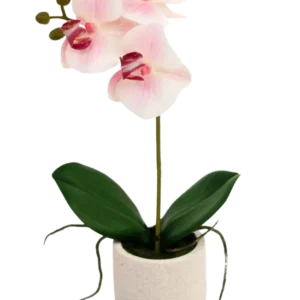 Die künstliche Orchidee Real Touch 30 cm rosa/weiß hat drei hellrosa Blüten und grüne Blätter in einem schlichten weißen Topf, perfekt, um jeden Raum aufzuhellen.