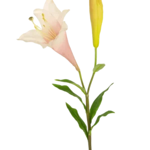 Die künstliche Blumenexotische Lilie 74 cm rosa hat einen einzelnen Stiel mit einer blühenden hellrosa Lilie und einer geschlossenen gelben Knospe, umgeben von schlanken grünen Blättern, vor einem weißen Hintergrund.