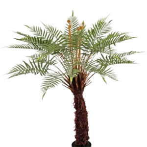 Die Kunstpflanze Dicksonia 127 cm ist ein hoher Farn in einem Topf mit einem braunen, strukturierten Stamm und langen, gebogenen grünen Blättern vor einem weißen Hintergrund.