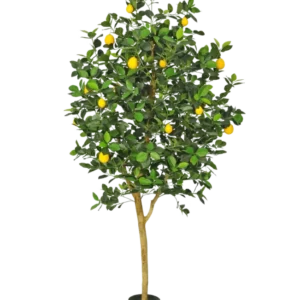 Der künstliche Zitronenbaum 150 cm hat einen braunen Stamm, grüne Blätter und mehrere gelbe Zitronen in einem Topf vor einem schlichten weißen Hintergrund.
