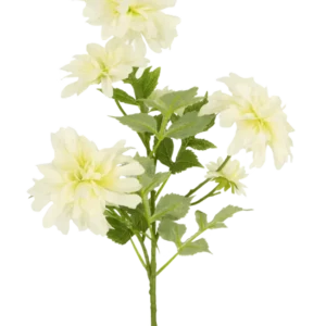Eine 60 cm hohe künstliche Dahlie mit mehreren hellgelben Dahlienblüten und grünen Blättern vor einem schlichten weißen Hintergrund.