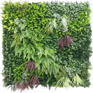 Die künstliche Hecke Paradise 100x100 cm UV ist eine vertikale Gartenmauer mit dichtem grünem und violettem Laub, darunter Farne und Blattpflanzen, die in einem Quadrat vor einem weißen Hintergrund angeordnet sind.