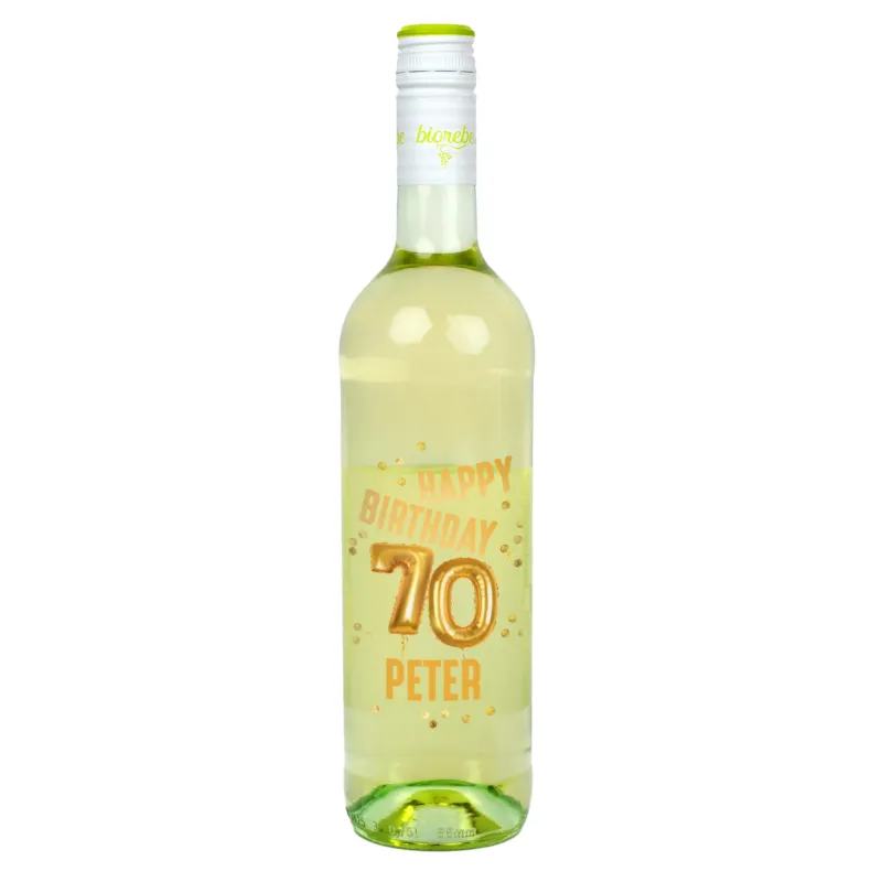 Personalisierte Weißweinflasche mit goldenem Aufdruck „Happy Birthday 70 Peter“ und Ballonzahl-Design, Biorebe Riesling