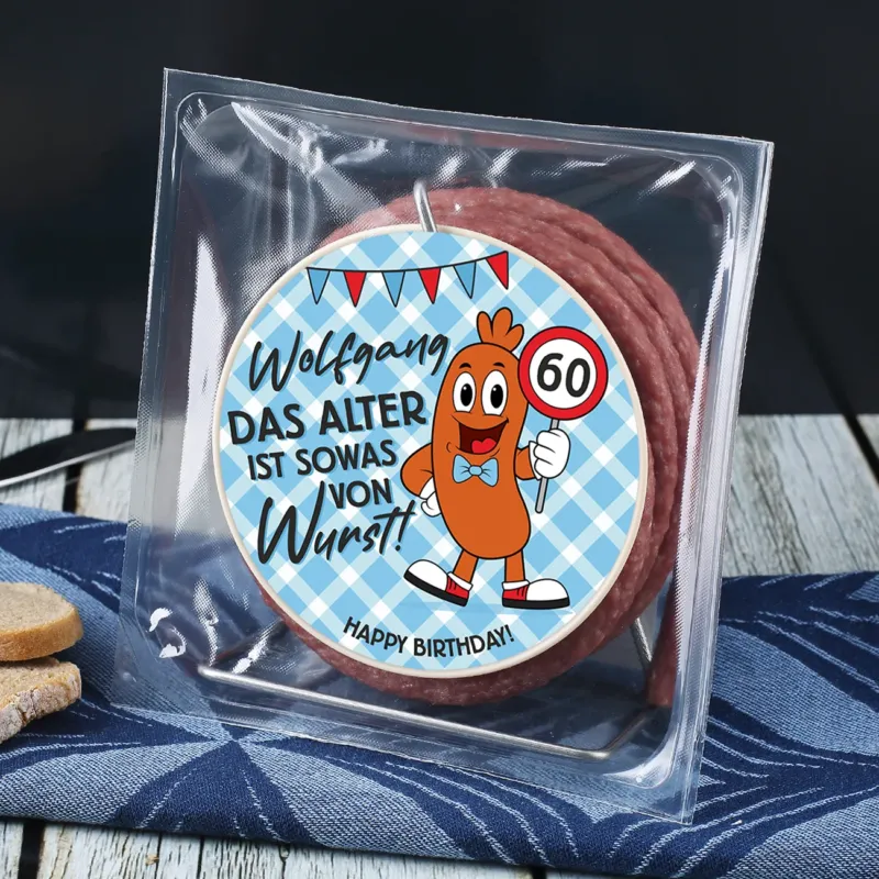 Das Alter ist Wurst! - Salami Kabeltrommel mit personalisiertem Etikett – Bild 2
