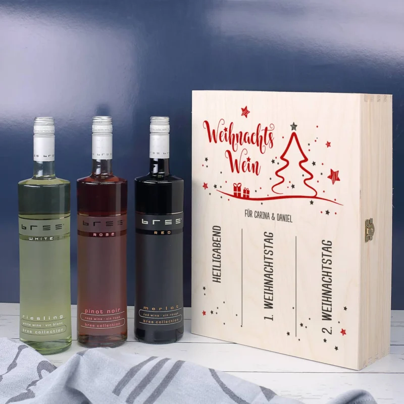 Weihnachtswein in edler Holzbox mit persönlichem Aufdruck