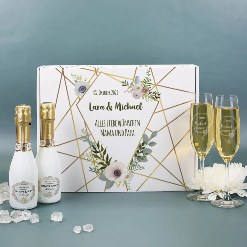 Sekt Geschenkset zur Hochzeit mit Box, 2 Gläsern und 2 kleinen Sektflaschen