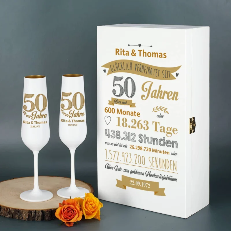 Geschenkset zur goldenen Hochzeit mit Sektgläsern und Holzbox