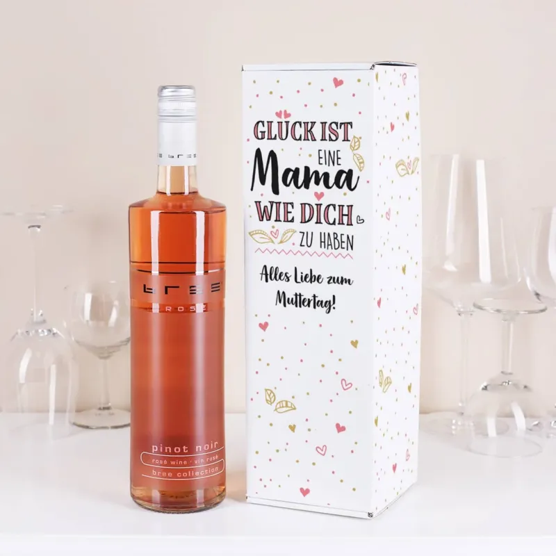 Bedruckte Flaschenverpackung "Glück ist eine Mama wie dich zu haben" mit Weinflasche