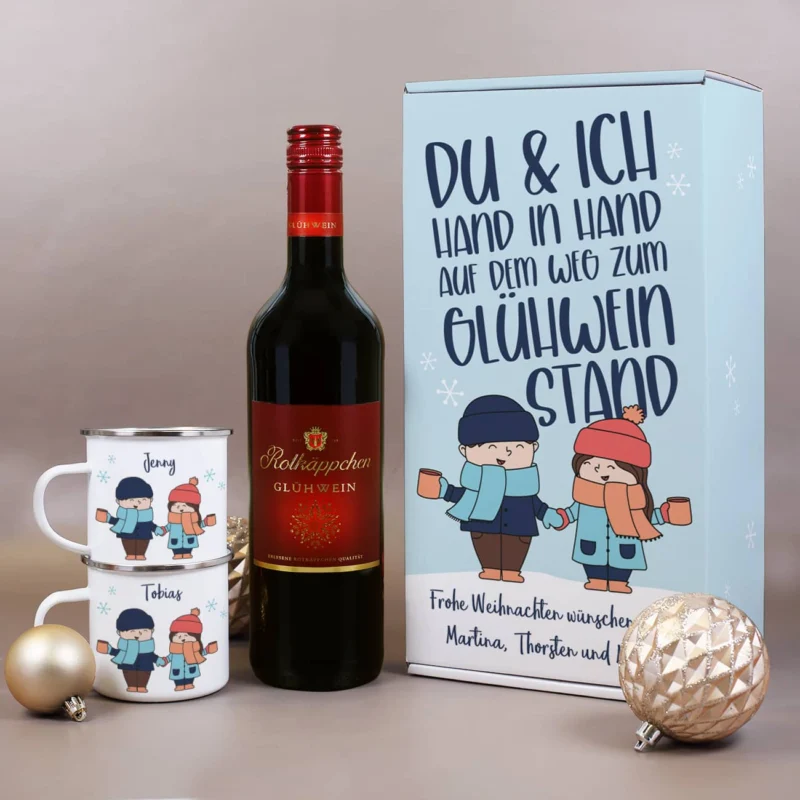Glühwein Set mit zwei Emailletassen, einer Geschenkbox und einer 0,75l Flasche Glühwein