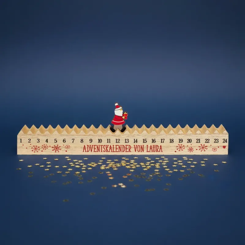 Santa-Figur bewegt sich entlang der Zahlenreihe – personalisierter Adventskalender von Laura, blauer Hintergrund