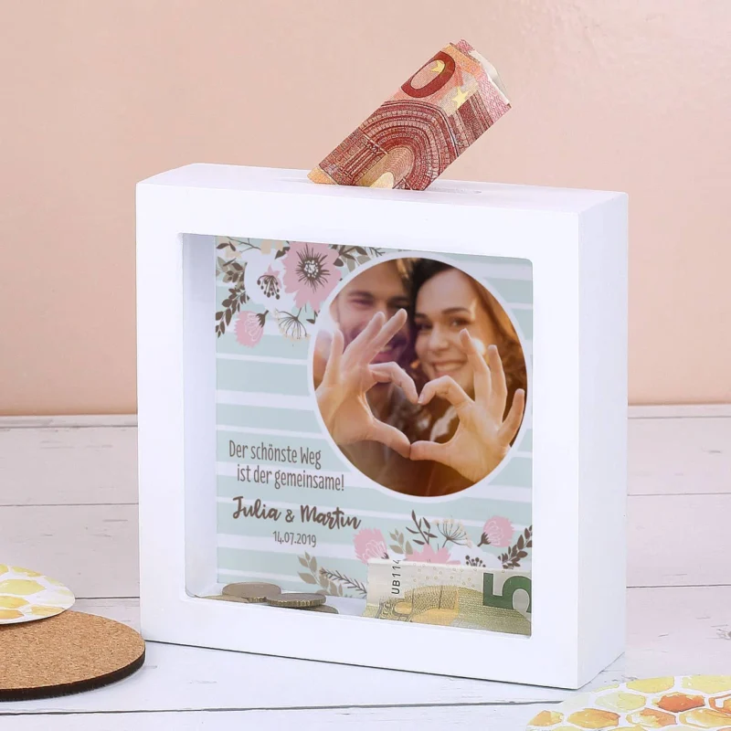 Bilderrahmen Spardose als Geschenk zur Hochzeit mit Foto, Namen und Datum