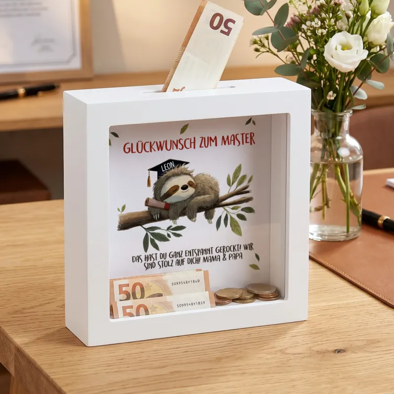 Spardose mit Faultier-Motiv und Glückwunsch zum Master als persönliches Geldgeschenk