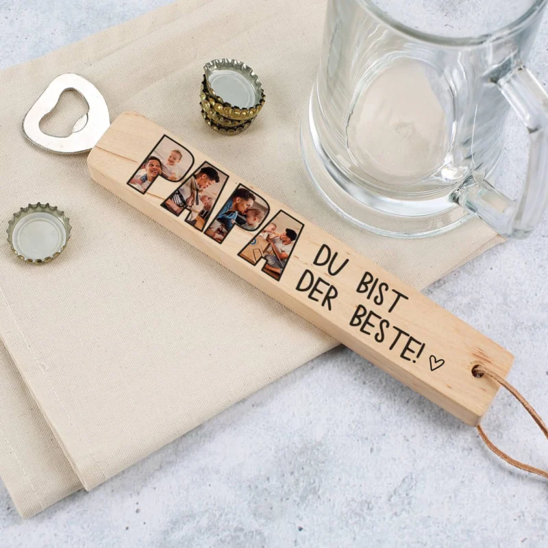 Holz-Flaschenöffner mit Fotoaufdruck für Papa