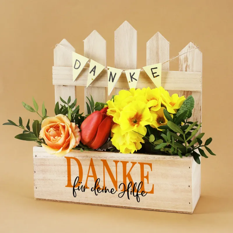 Pflanzkiste mit Zaun als Dankeschön Geschenk mit Text nach Wunsch