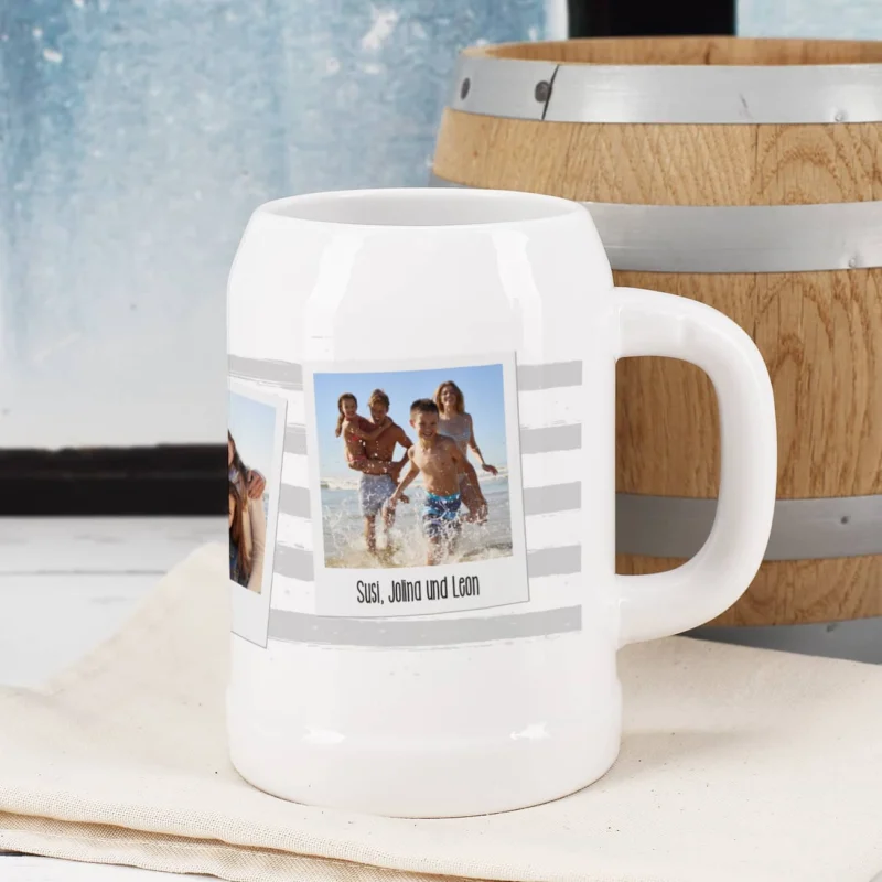 Bierkrug mit Ihren drei Lieblingsfotos und Wunschtexten