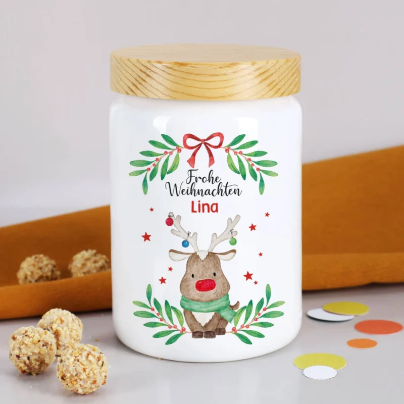 Keksdose mit Weihnachtsmotiv und Namensaufdruck
