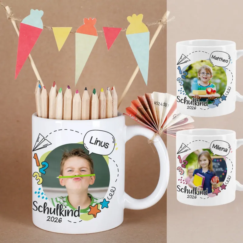 Fototasse zur Einschulung mit Foto und Name in 3 Farbvarianten