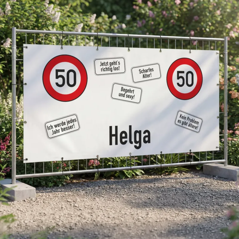 XXXL Bauzaun Banner zum 50. Geburtstag mit Name Helga und Verkehrszeichen Design am Gartenzaun