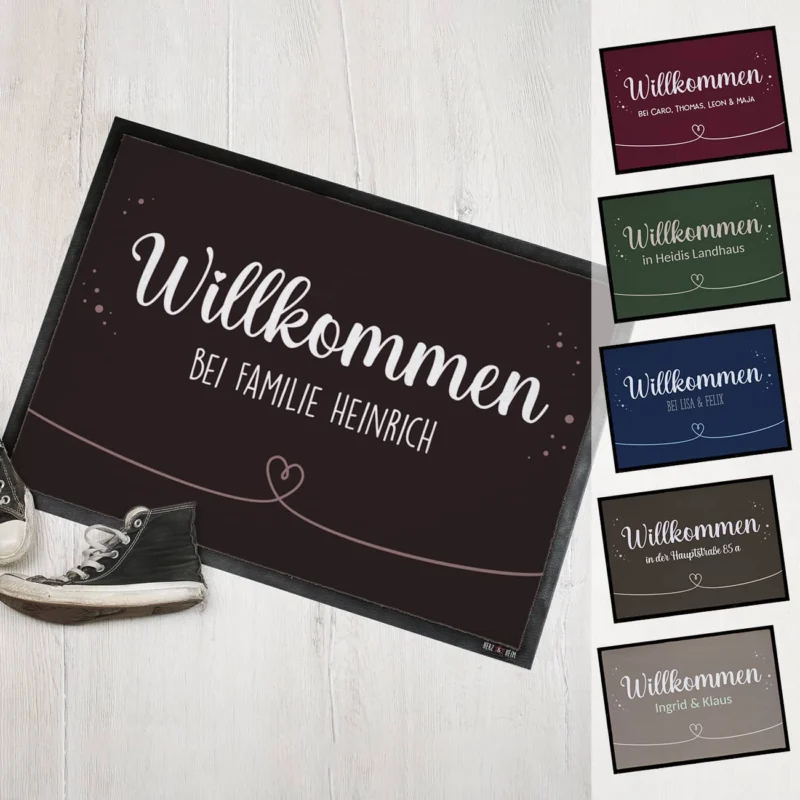 Willkommen Fußmatte mit Herz und Wunschtext
