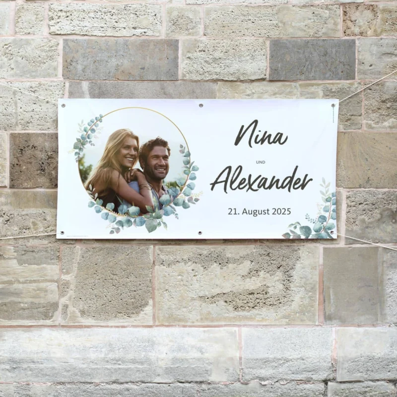 Foto-Banner zur Hochzeit mit Namen, Datum und Eukalyptus-Motiv