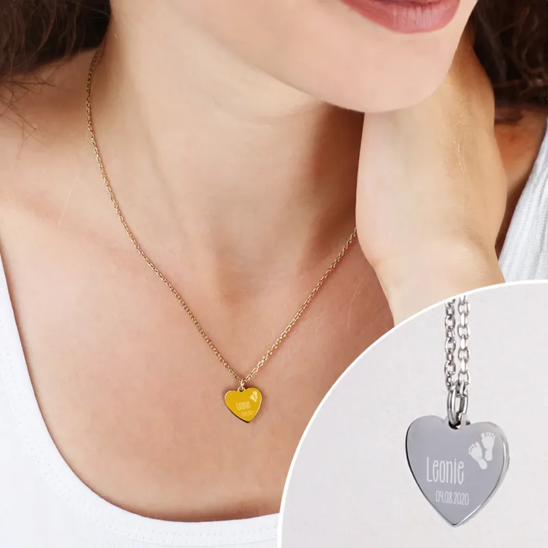 Leonardo Herzkette zur Geburt mit Name und Datum des Babys graviert in Gold oder Silber