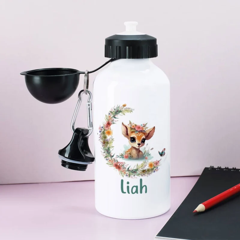 Trinkflasche mit Rehkitz, Blumenranke und Name bedruckt