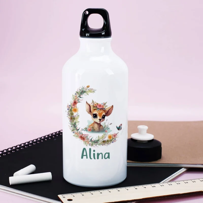 Trinkflasche mit Rehkitz, Blumenranke und Name bedruckt – Bild 3