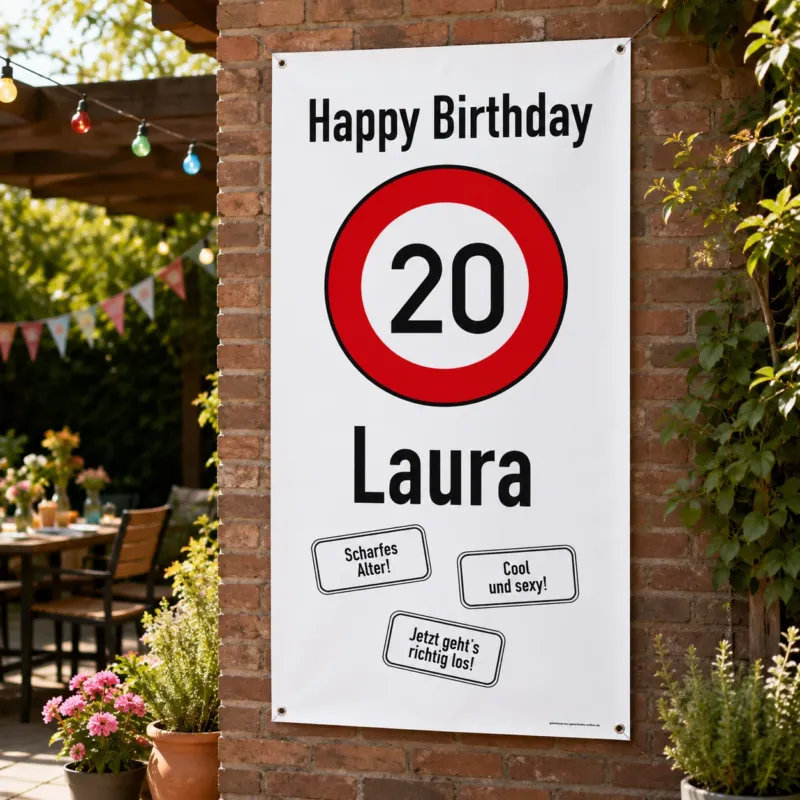 XXL-Banner zum 20. Geburtstag im Hochformat personalisiert mit Name | Verkehrszeichen Motiv