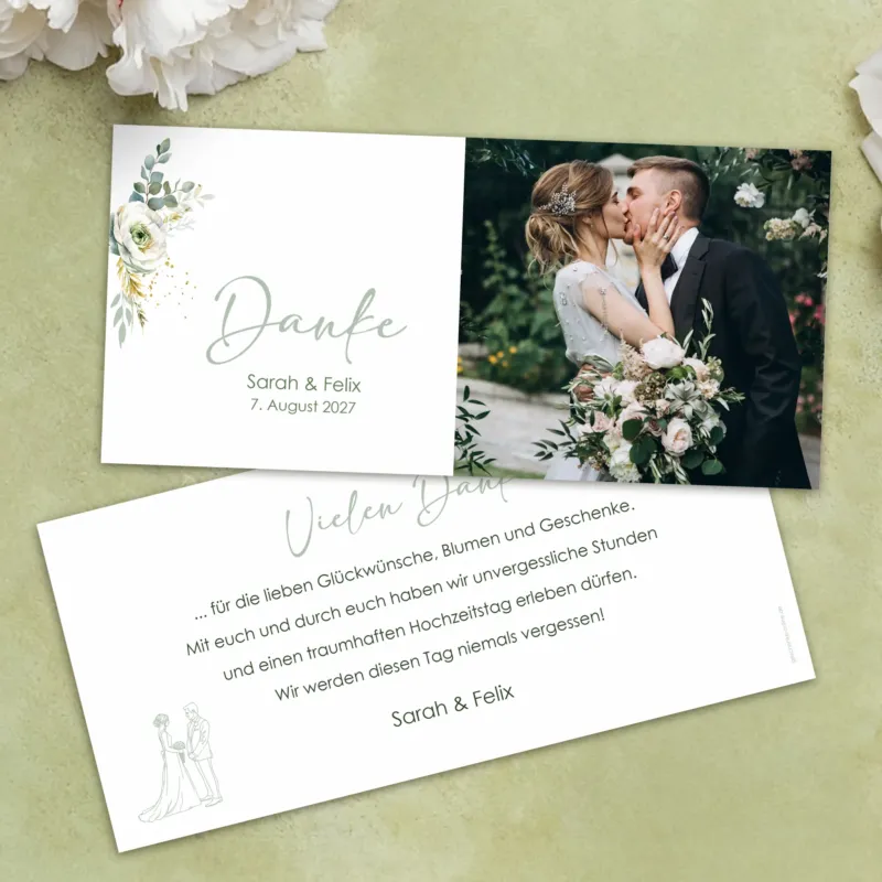 Dankeskarte Hochzeit DIN lang mit Foto, Blumenmotiv und individuellem Text