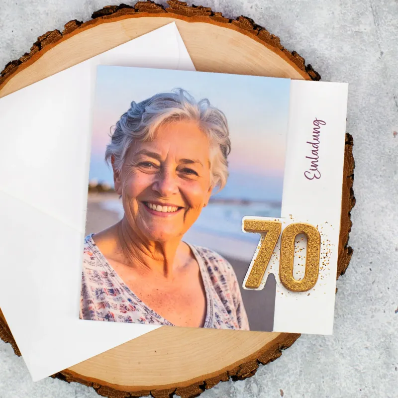 Einladungskarte zum 70. Geburtstag mit Foto und goldener Zahl 70 auf Holzuntergrund