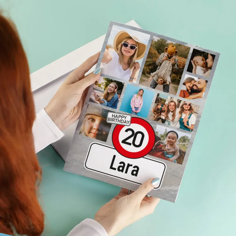 Große Klappkarte zum Geburtstag mit neun Foto, Name und Alter