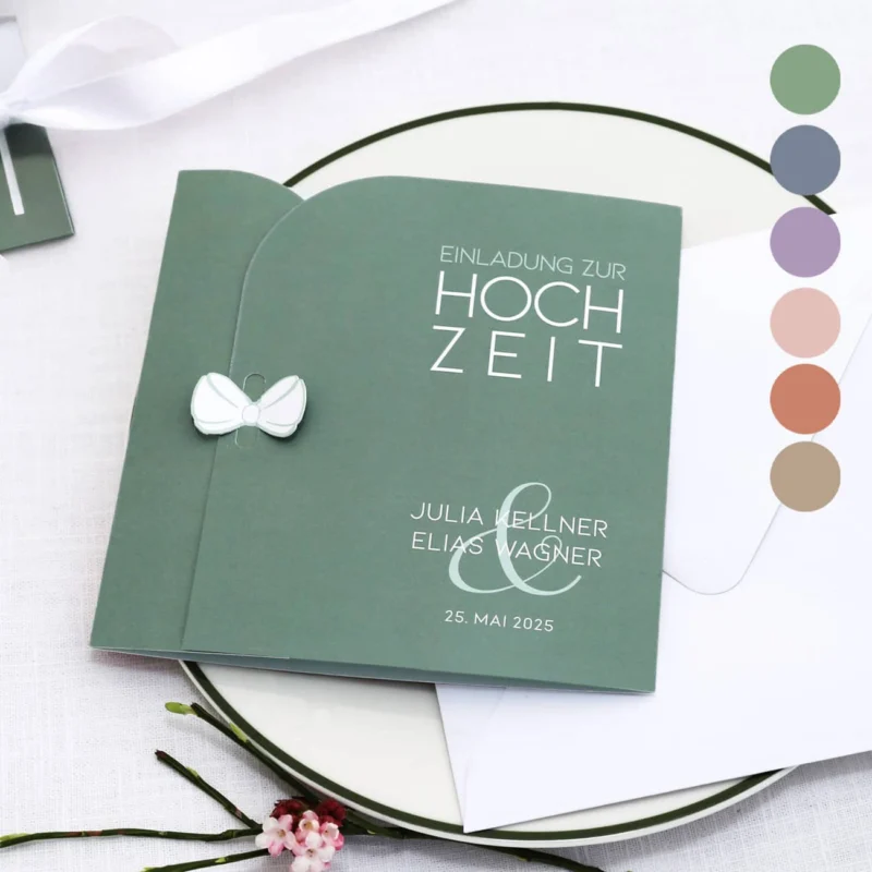 Einladungskarte zur Hochzeit mit Schleifensverschluss - Farbauswahl