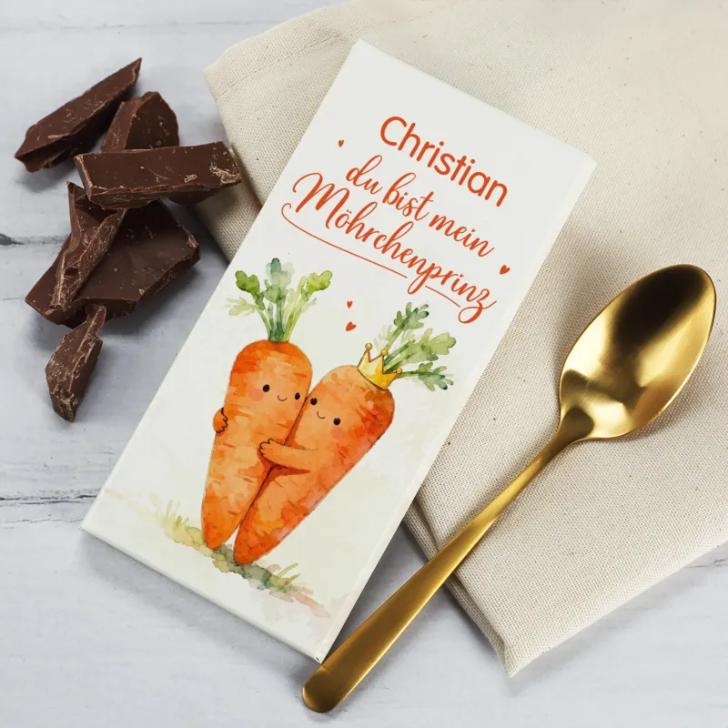 Personalisierte Schokolade mit Möhrenpaar-Motiv und Spruch „Du bist mein Möhrchenprinz“, bedruckt mit Name