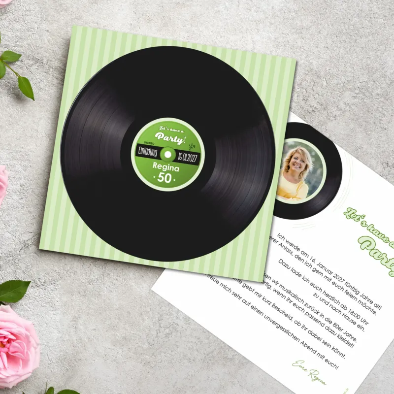 Geburtstagskarte im Retro-Schallplatten-Design mit personalisiertem Namen und Datum