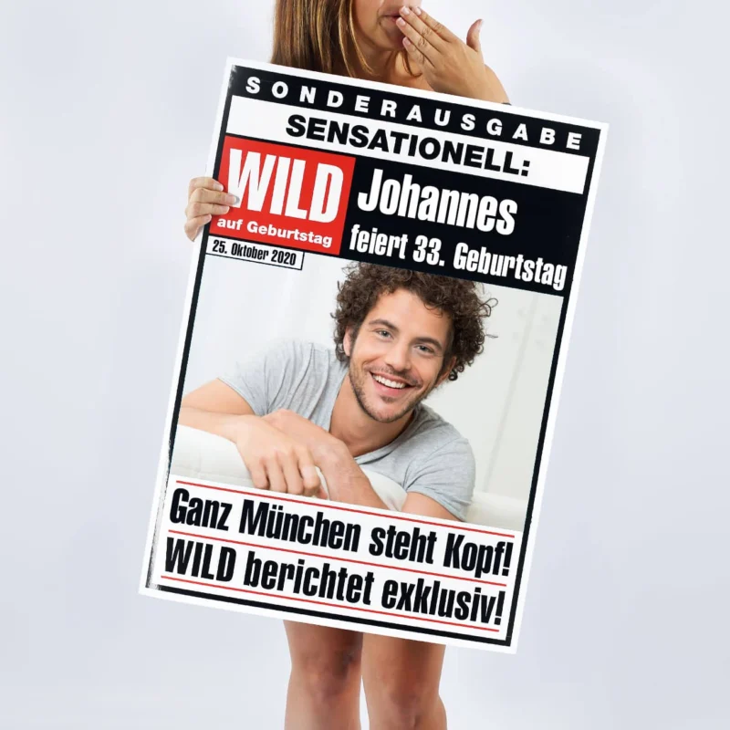 XXL Geburtstagskarte im Stil einer Zeitung mit Foto und Wunschtext