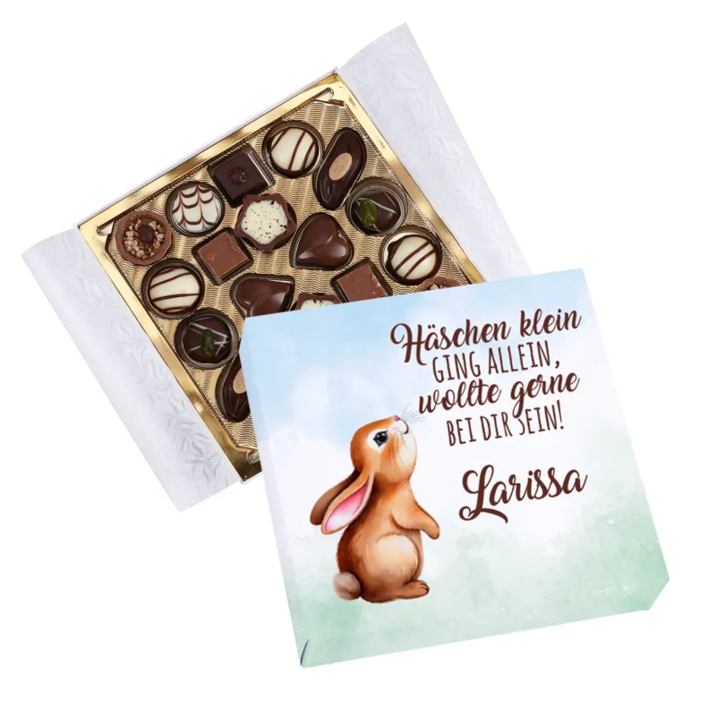 Pralinen zu Ostern mit Wunschname und Hasen-Motiv "Häschen klein ging allein, wollte gerne bei dir sein!" – Bild 4