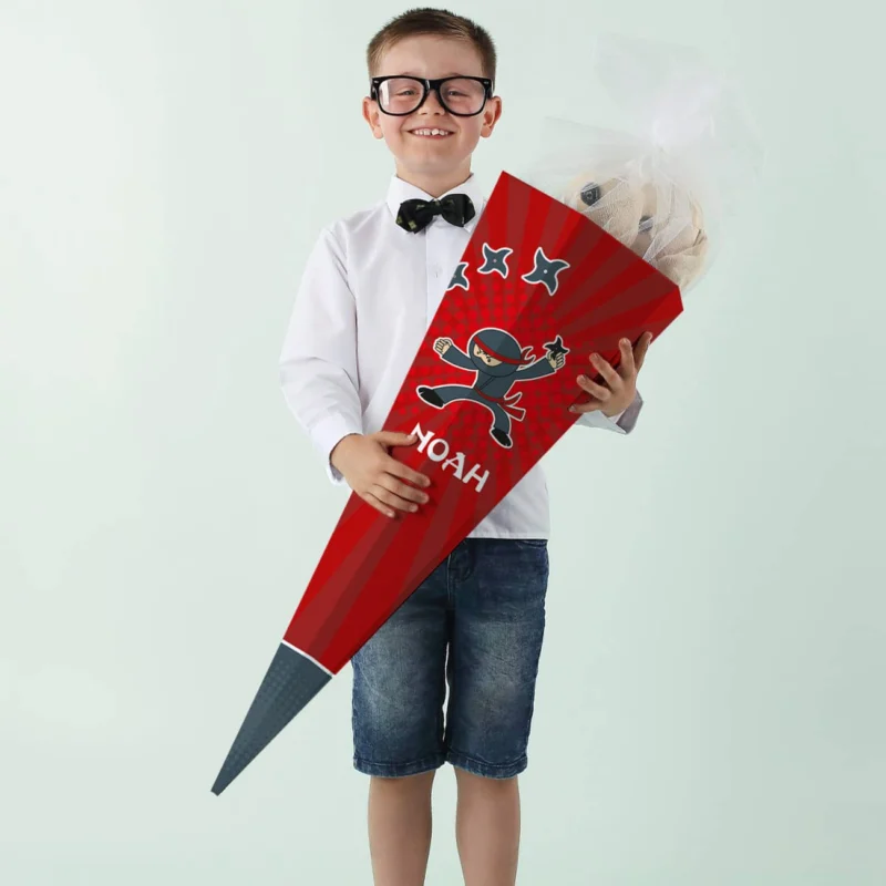 Schultüte mit Name, 80 cm rote Ninja