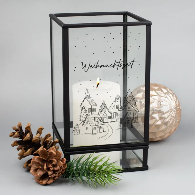 Personalisiertes Weihnachts-Windlicht mit Wunschtext auf Glas in Laternenform