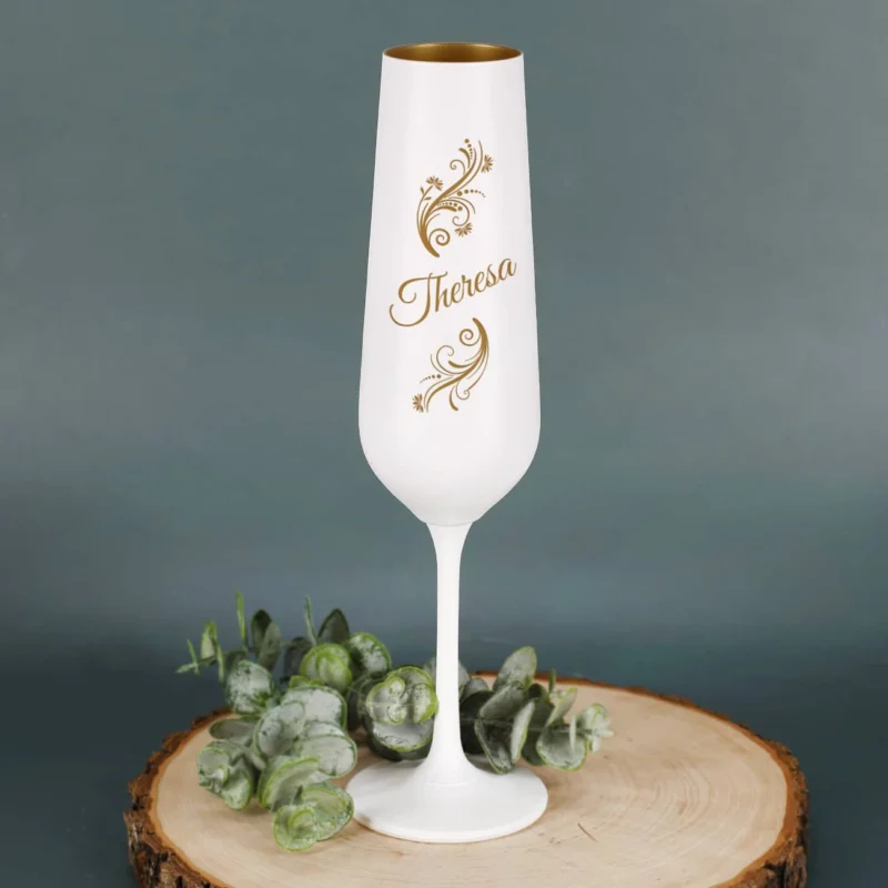 Sektglas in Weiß-Gold mit Name graviert
