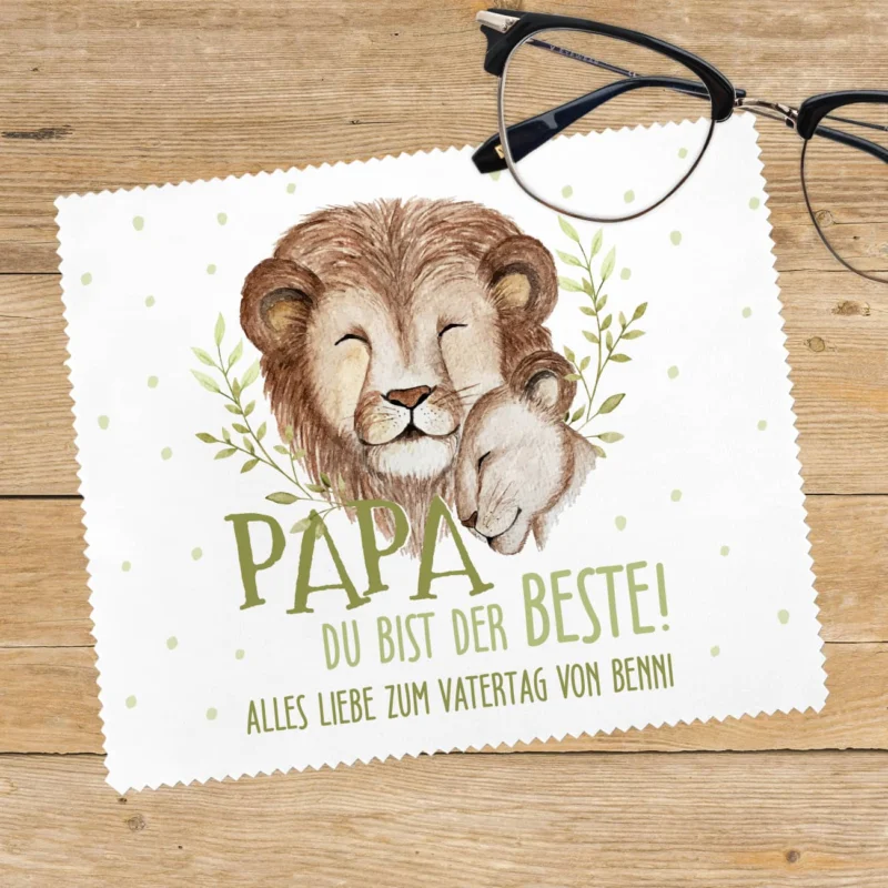 Brillenputztuch zum Vatertag mit Löwen Motiv und Text bedruckt