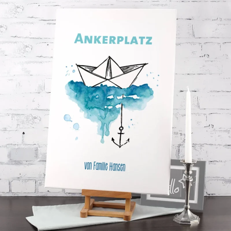Leinwand mit Papierschiffchen und Anker in Watercolor-Optik