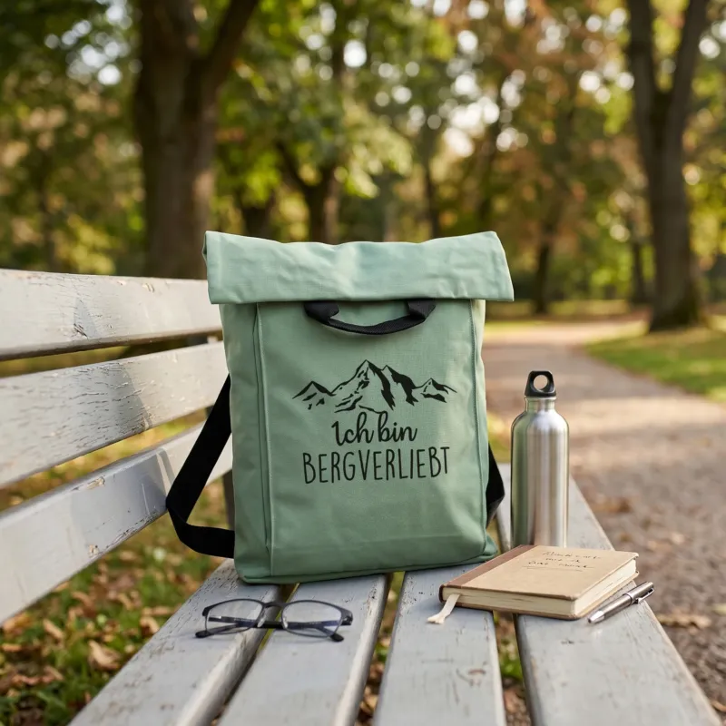 Jadegrüner Wanderrucksack mit Bergmotiv und Spruch „Ich bin bergverliebt“ auf einer Parkbank